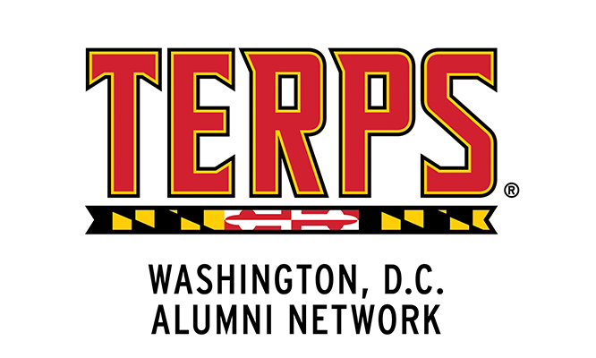 Washington D.C. Alumni Network logo, using the TerraFont Style with the word "Terps". The network name appears under the Maryland Flag bar of the logo.