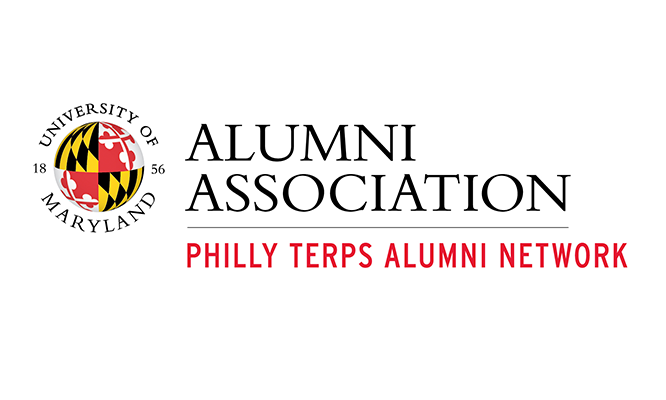 Philly Terps Alumni Network logo using the Unity Identity style. The Network name appears in red under the title "Alumni Association", with the university's Informal Seal to the left.