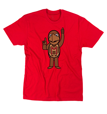 Caricature of the costumed Testudo mascot on the front of a red T-Shirt giving a thumbs up