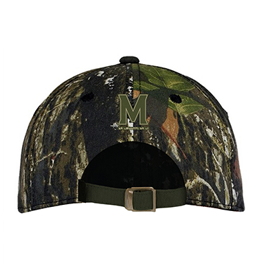 Baseball cap with a forest camoflage print, and a similarly themed M-Bar logo on the back above the size adjustment strap.
