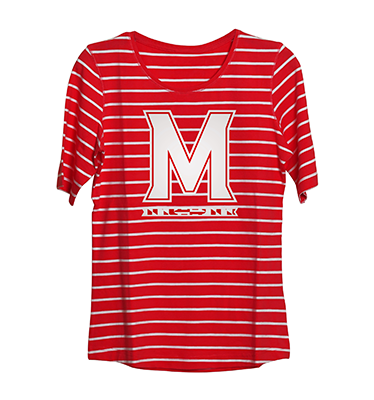 A Red T-Shirt with thin White Strips, and a large M-Bar logo in the Center