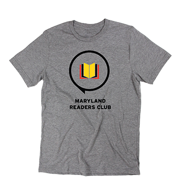 The Maryland Readers Club Logo of an open book graphic using brand colors Maryland Gold, Maryland Red, and black on a medium gray T-Shirt