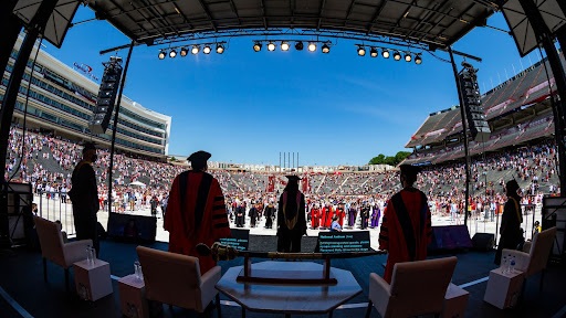 Student speaker Hannah Rhee addresses the crowd at Commencement in Maryland Stadium on May 21, 2021. Photo by John T. Consoli