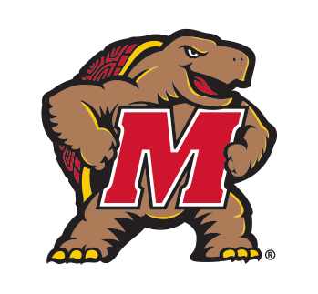Logo in color known as "Muscle Testudo" where the caricature of a muscular diamondback terrapin stands on their hind legs, while holding a large M for Maryland